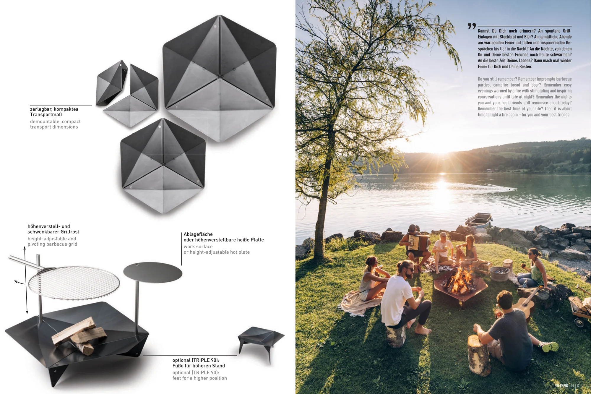 höfats Magazin: Doppelseite mit TRIPLE-Produktdetails und Menschen am Feuer bei Sonnenuntergang am See