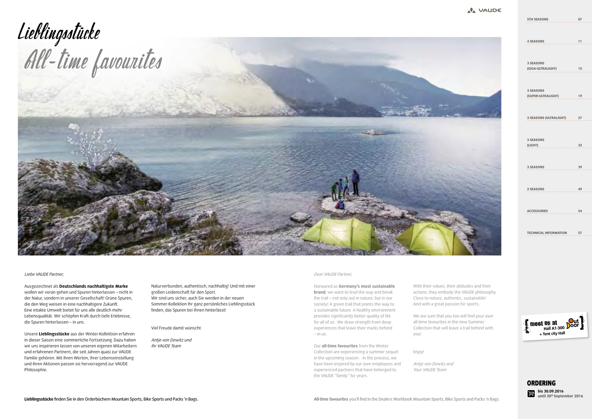 VAUDE: Workbook-Doppelseite mit grünen Zelten und Menschen am felsigen Ufer eines Sees