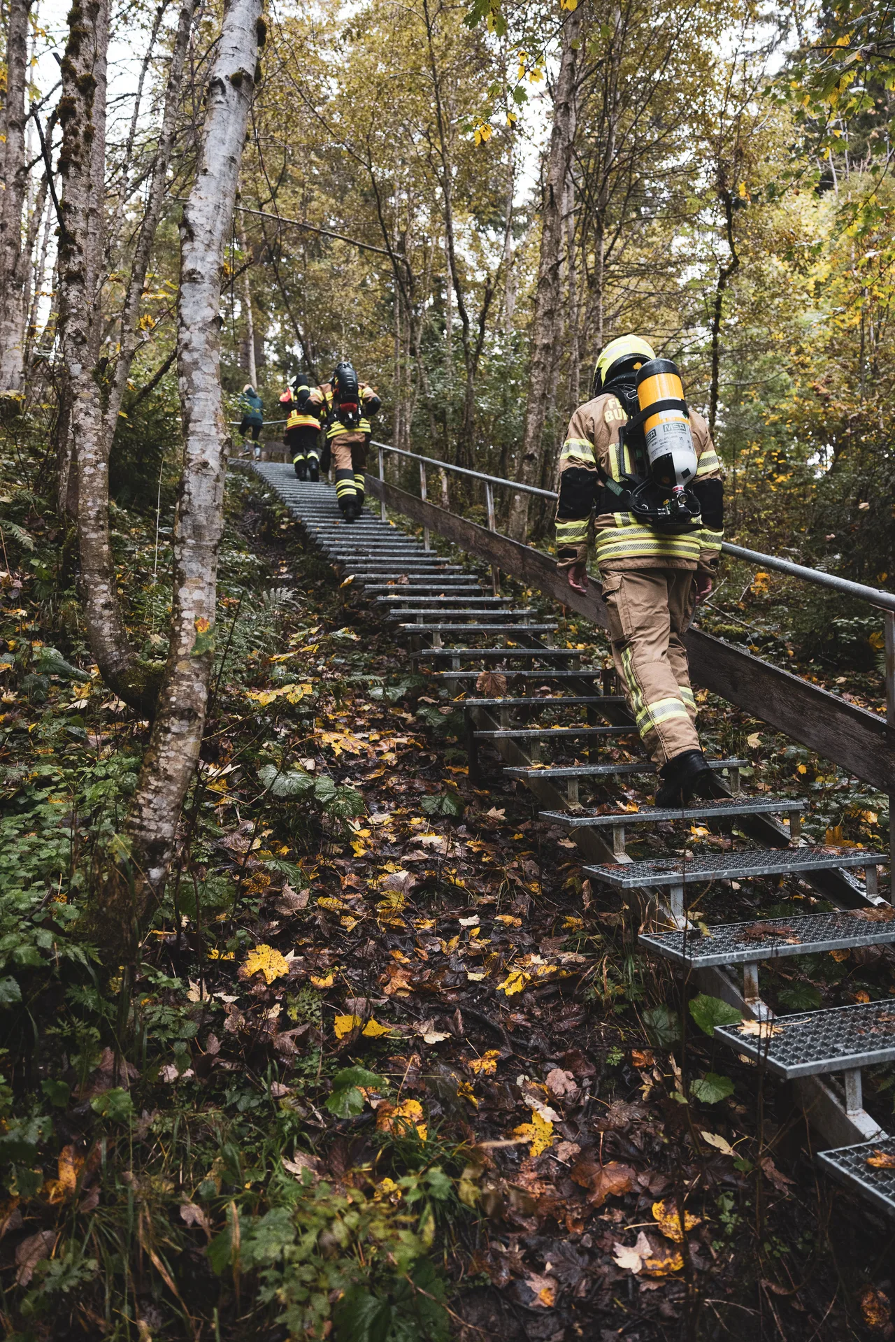 Mehrere Feuerwehrleute mit Atemschutzgeräten steigen hintereinander eine Metalltreppe im Herbstwald hinauf.