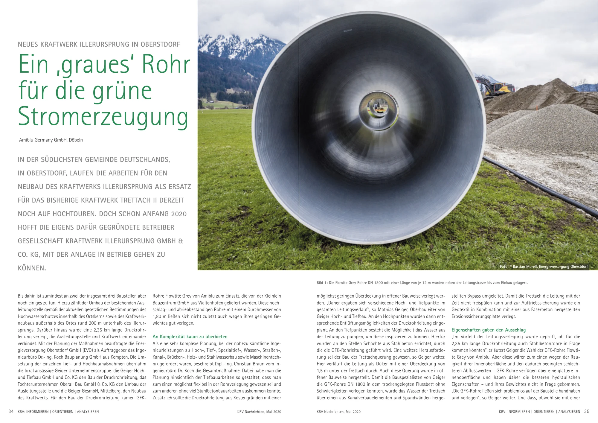 KRV Nachrichten: Doppelseite zum Kraftwerk Illerursprung mit großem Druckrohr vor Oberstdorfer Berglandschaft