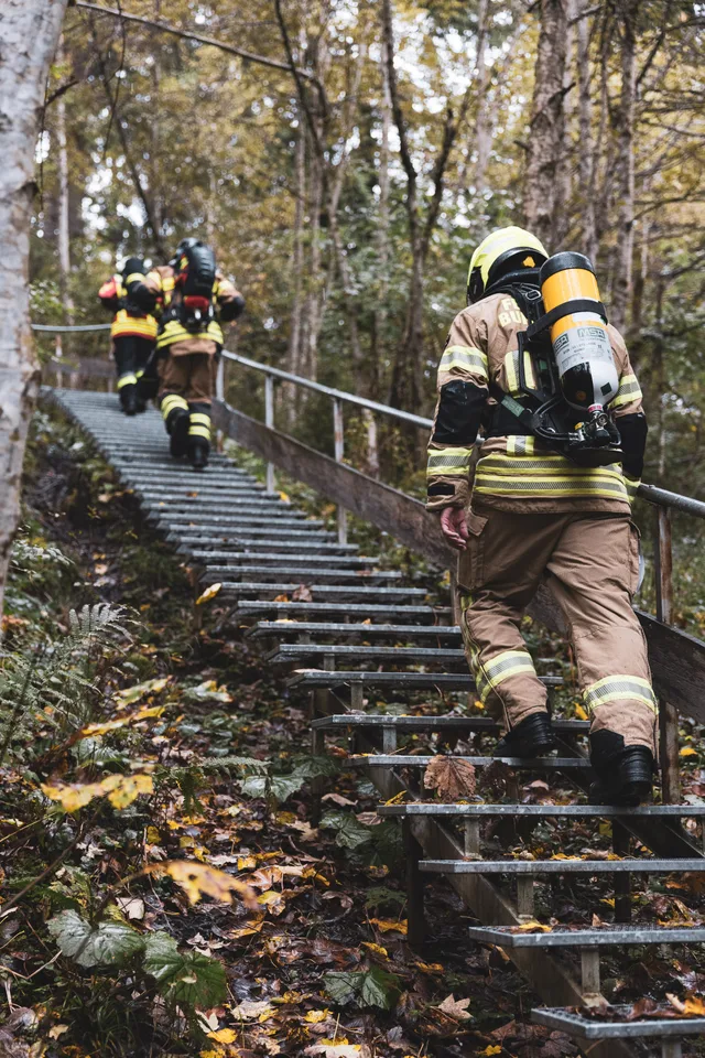 Teilnehmer mit Atemschutzgeräten von hinten auf einer steilen Waldtreppe.