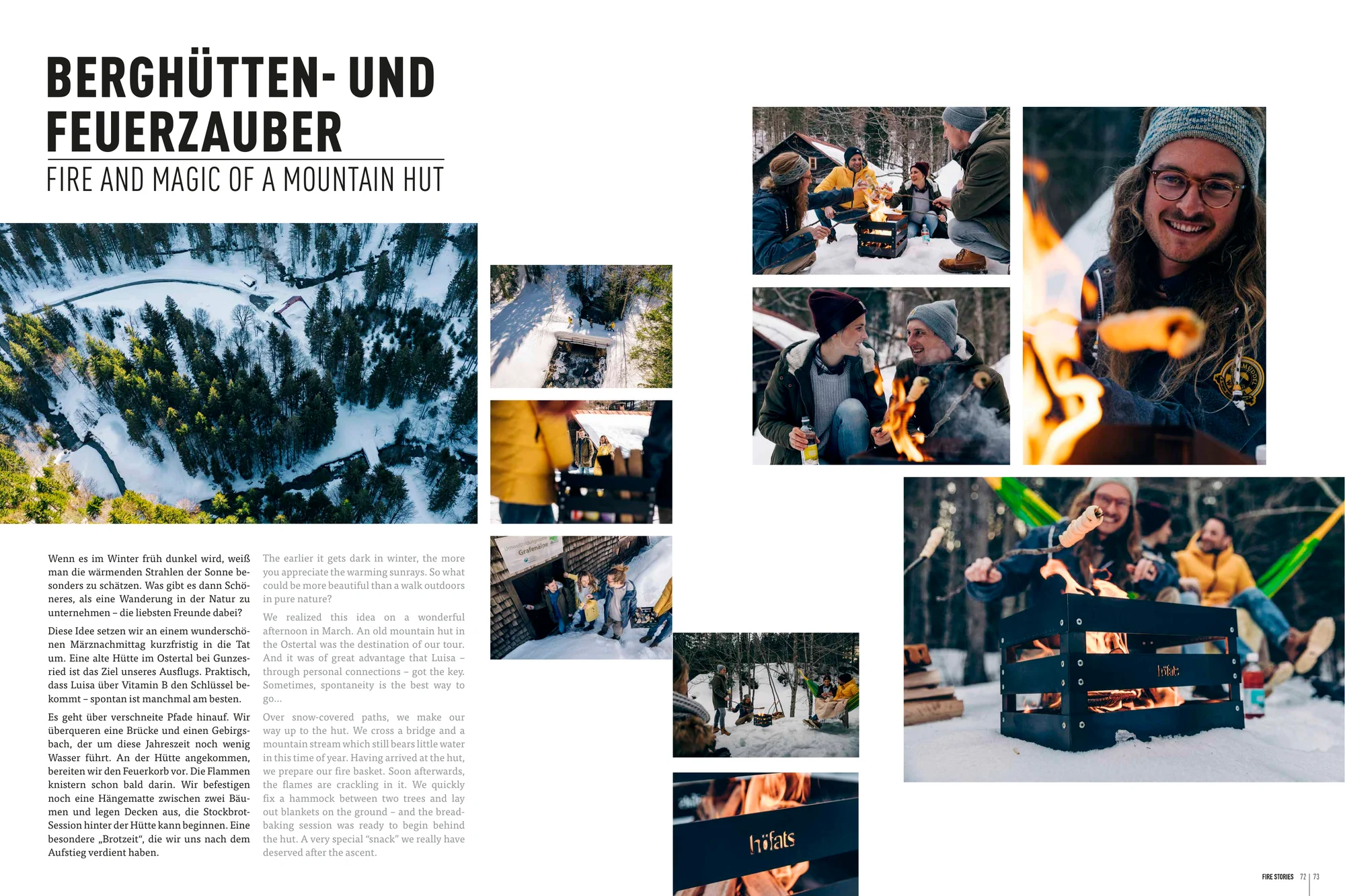 höfats FIRE STORY: Doppelseite mit verschneiter Berghütte, Feuerkorb und Stockbrot mit Freunden