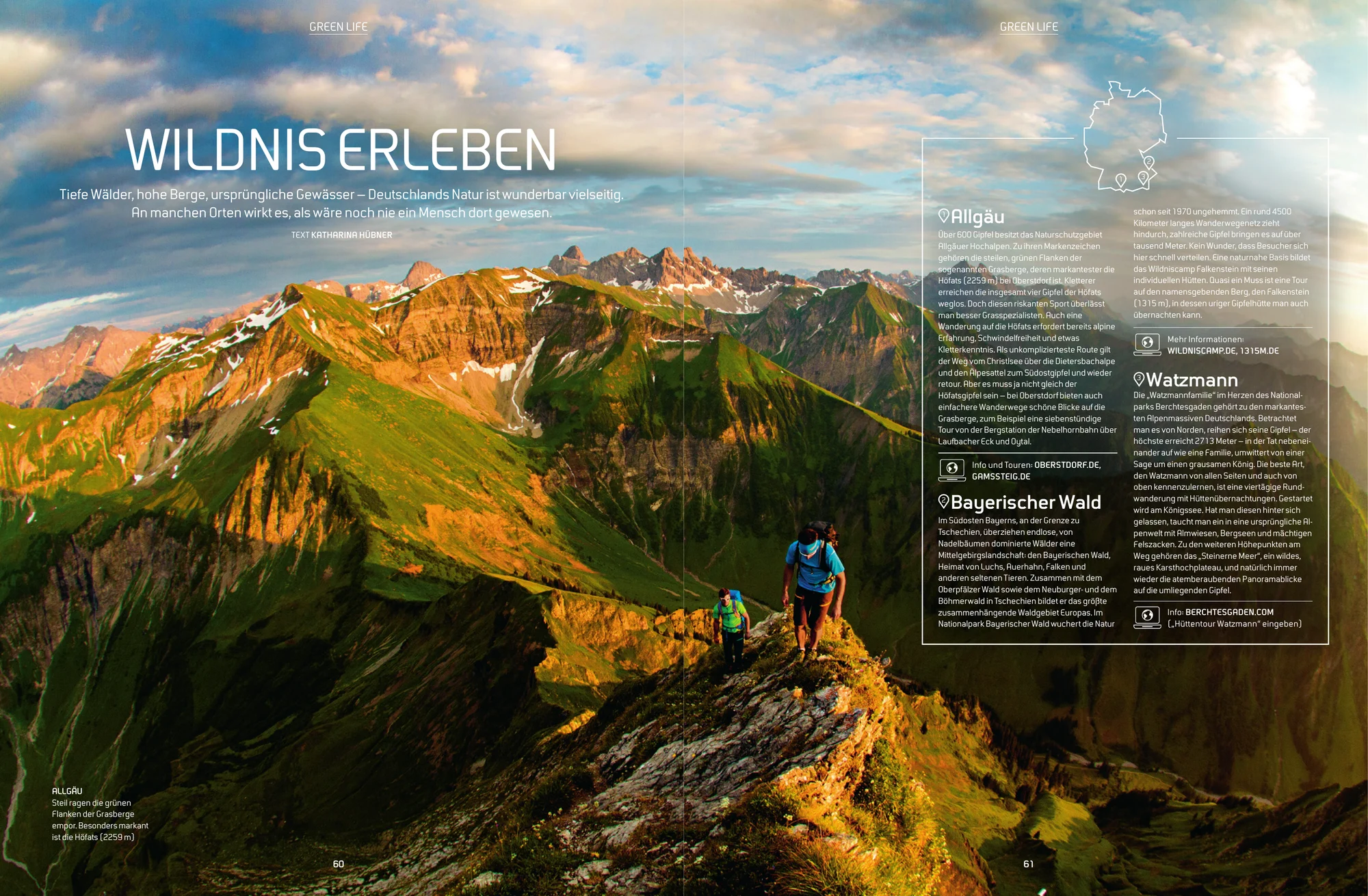 SPORT 2000: Doppelseite „Wildnis erleben“ mit Wanderern auf einem Grat vor den grünen Allgäuer Grasbergen