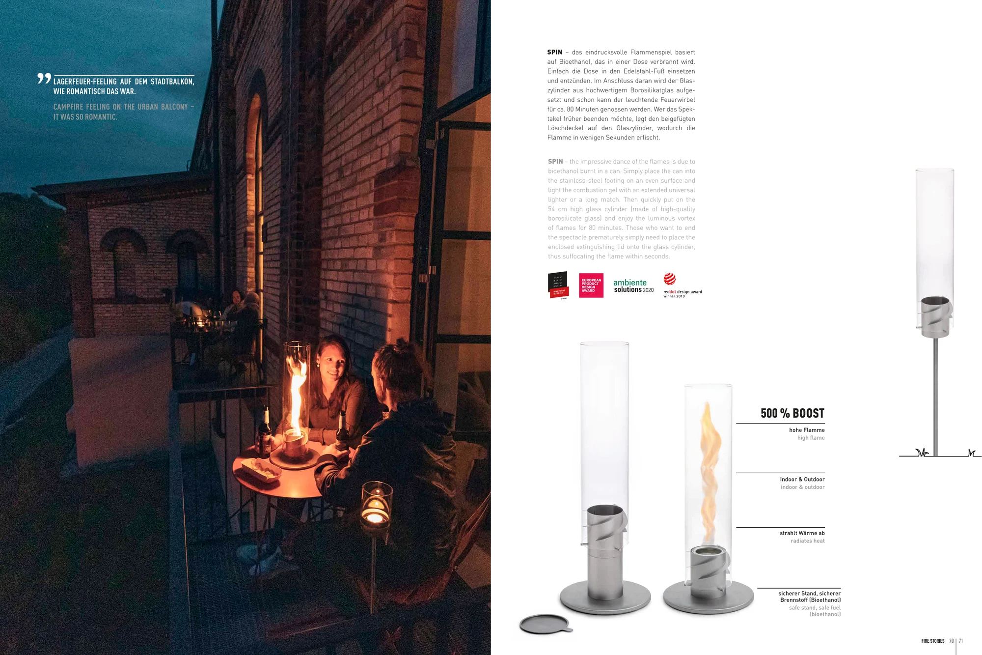 höfats FIRE STORY: Doppelseite mit Tischfeuer auf dem nächtlichen Balkon und SPIN-Produktdarstellung