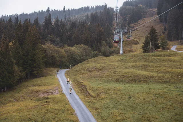 Teilnehmer auf der nassen Bergstraße zwischen Wiesen und Wald, von oben gesehen.