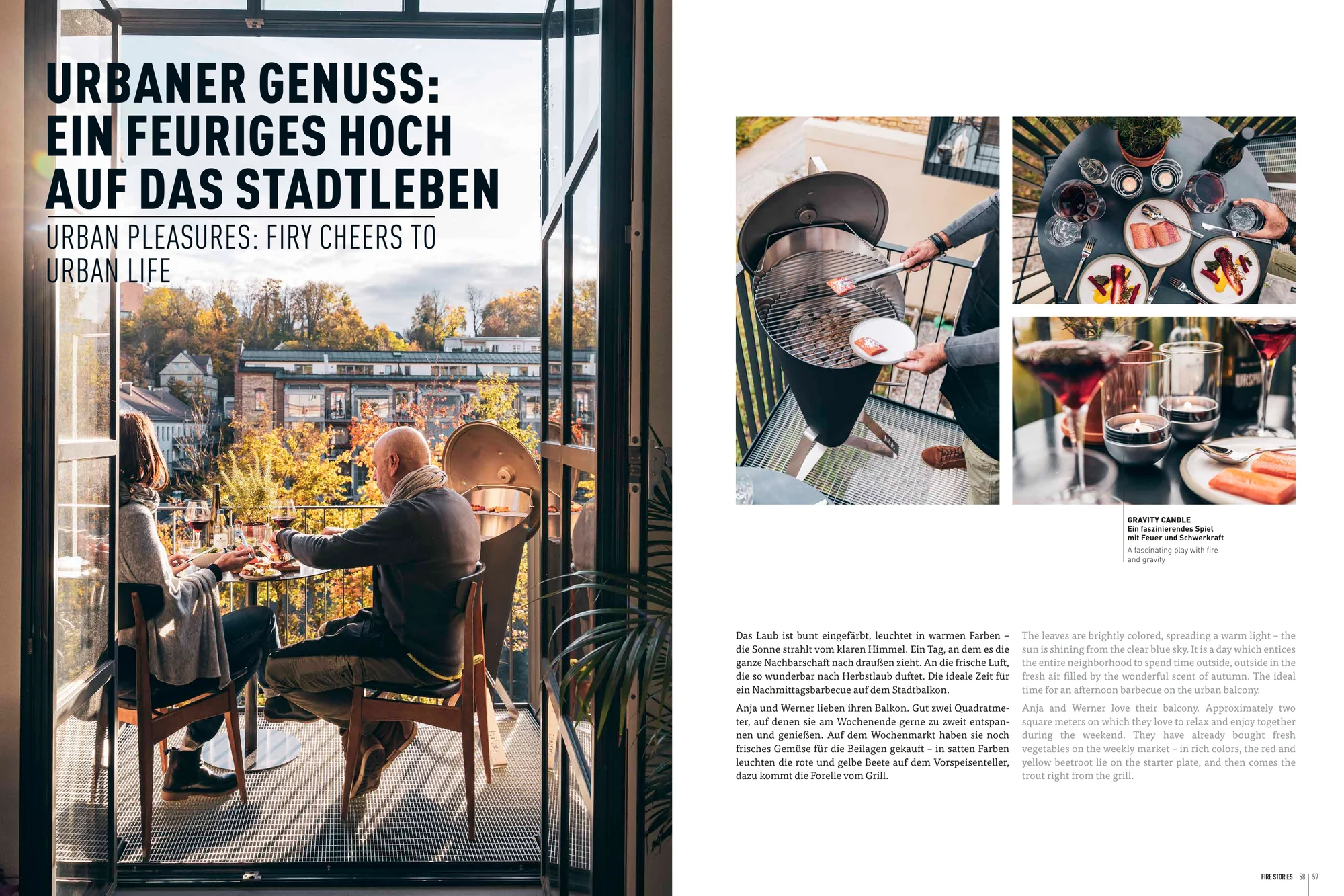 höfats FIRE STORY: Doppelseite mit Grillabend auf einem herbstlichen Stadtbalkon und Speisen vom Grill