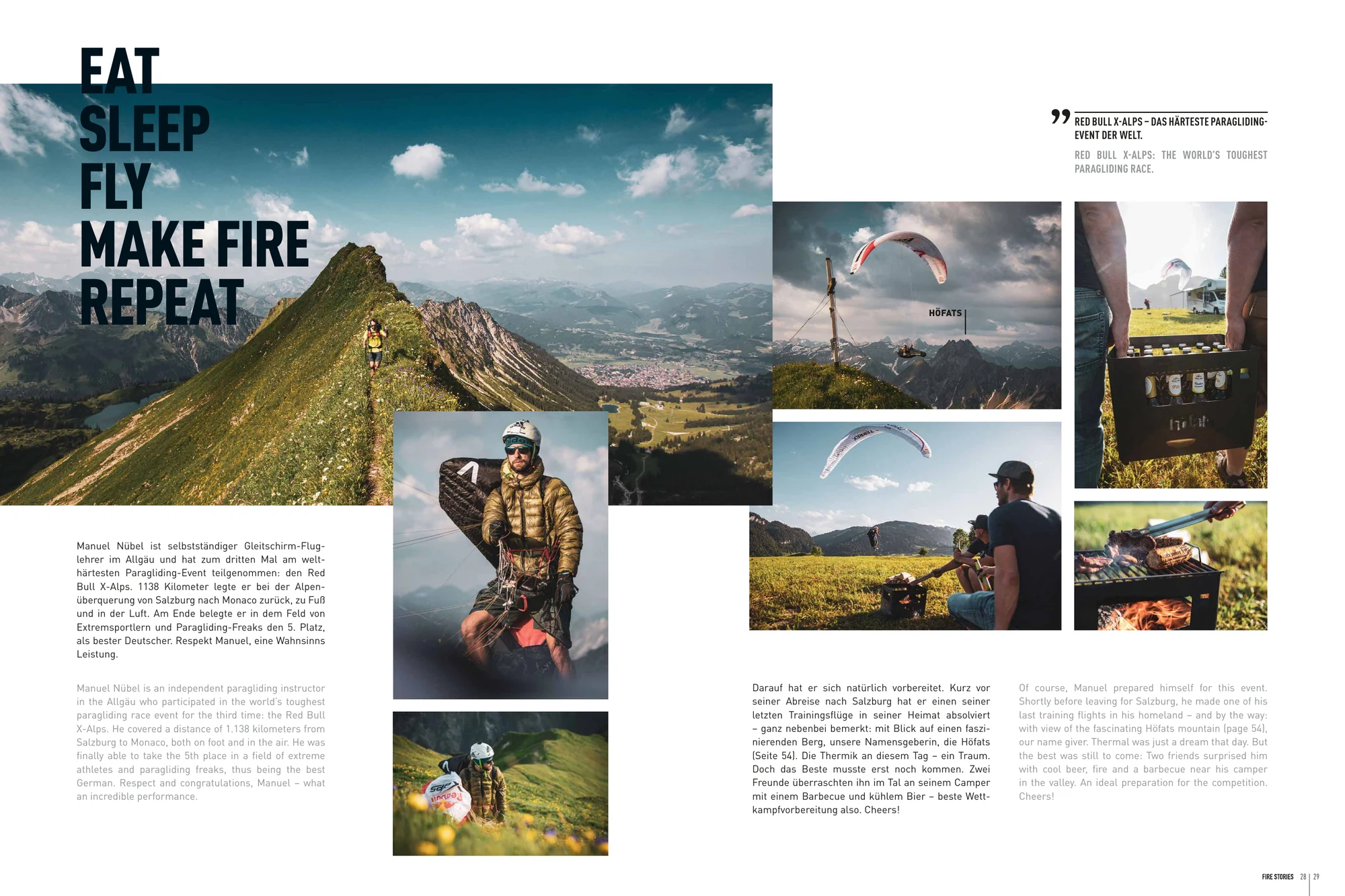 höfats FIRE STORY: Doppelseite mit Gleitschirmflügen, Berglandschaft und Barbecue im Allgäu