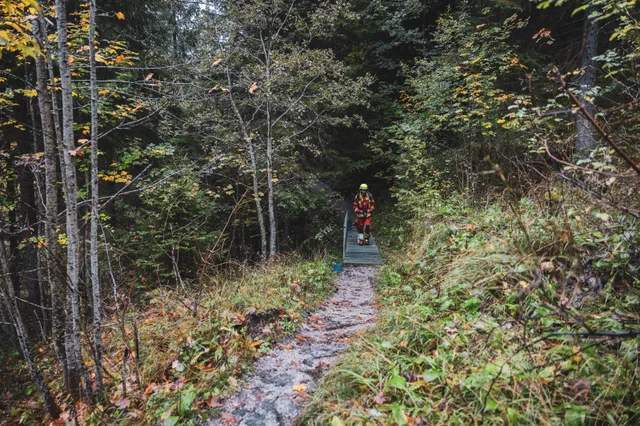 Teilnehmer in roter Einsatzkleidung auf einem schmalen Waldweg.