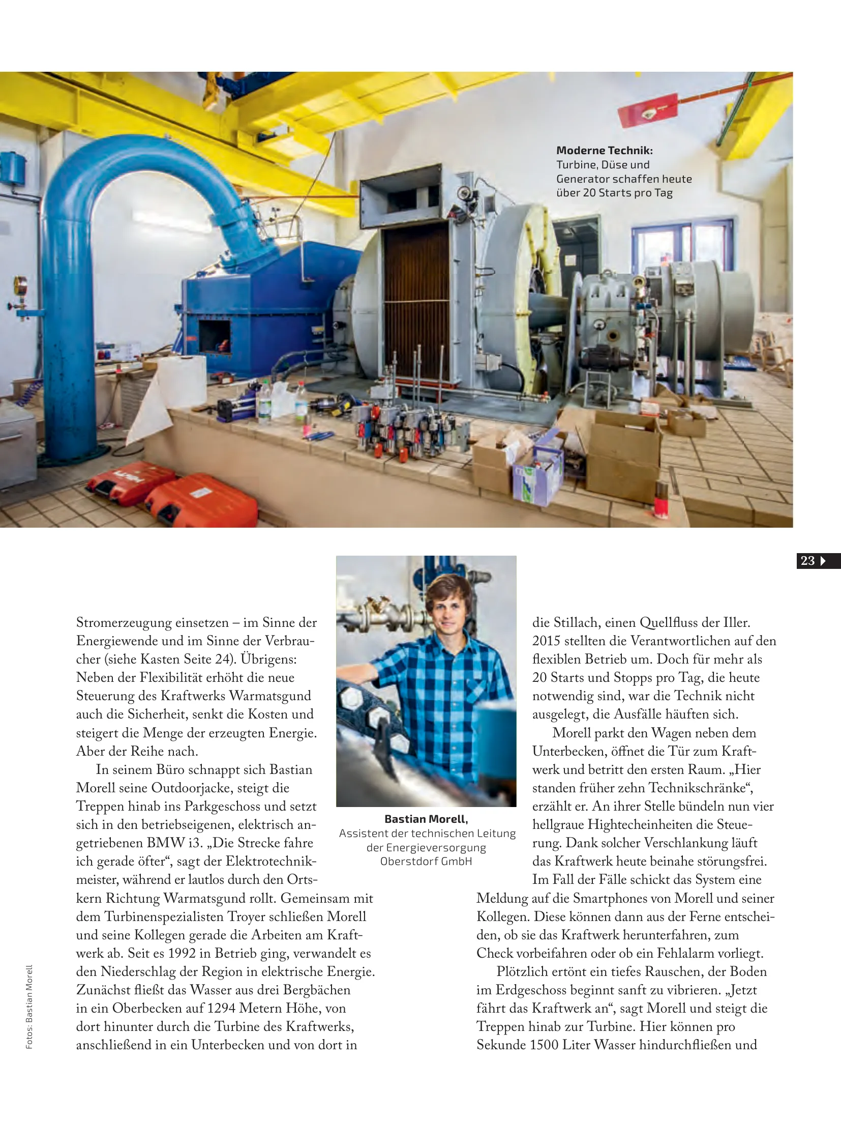 AllgäuStrom-Magazin: Seite mit Turbine, Generator und Porträt im Wasserkraftwerk Warmatsgund