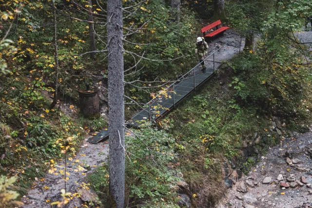 Blick von oben auf einen Teilnehmer am Metallsteg im Wald.
