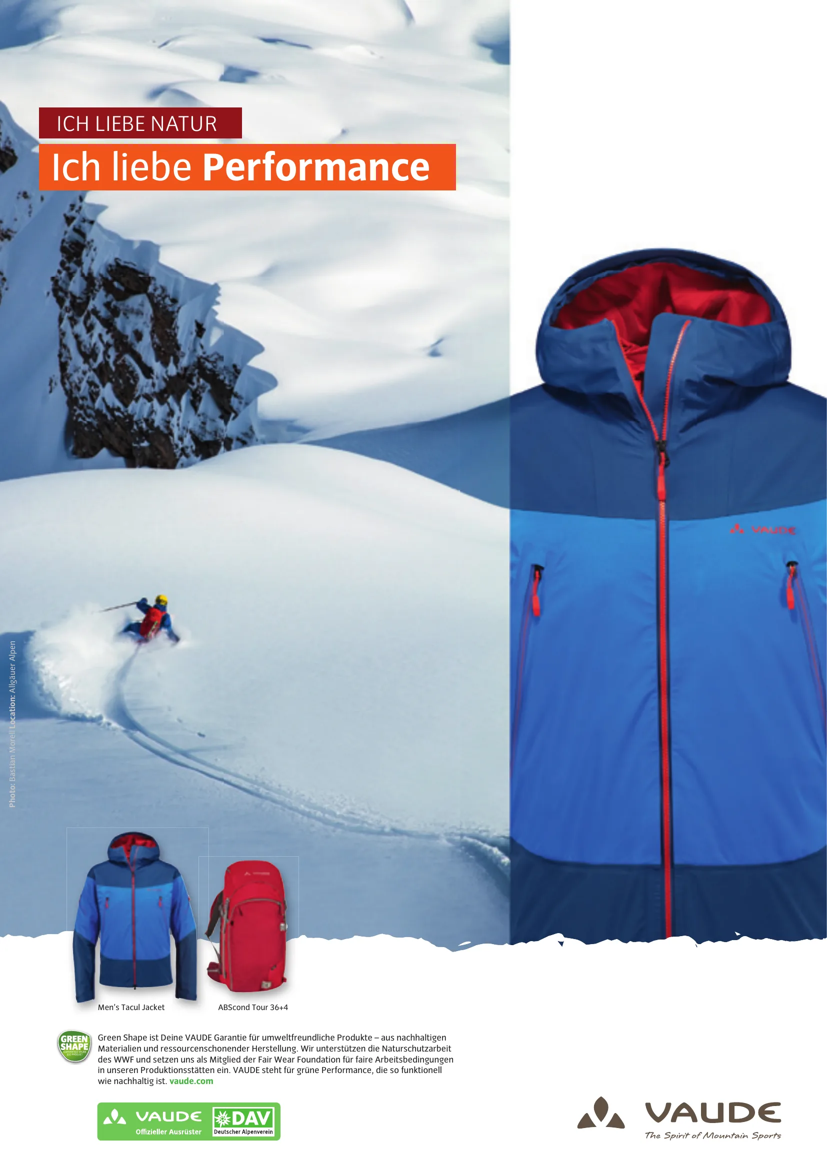 VAUDE-Anzeige im DAV-Ausbildungsprogramm mit Tiefschneefahrer, blauer Jacke und rotem Rucksack