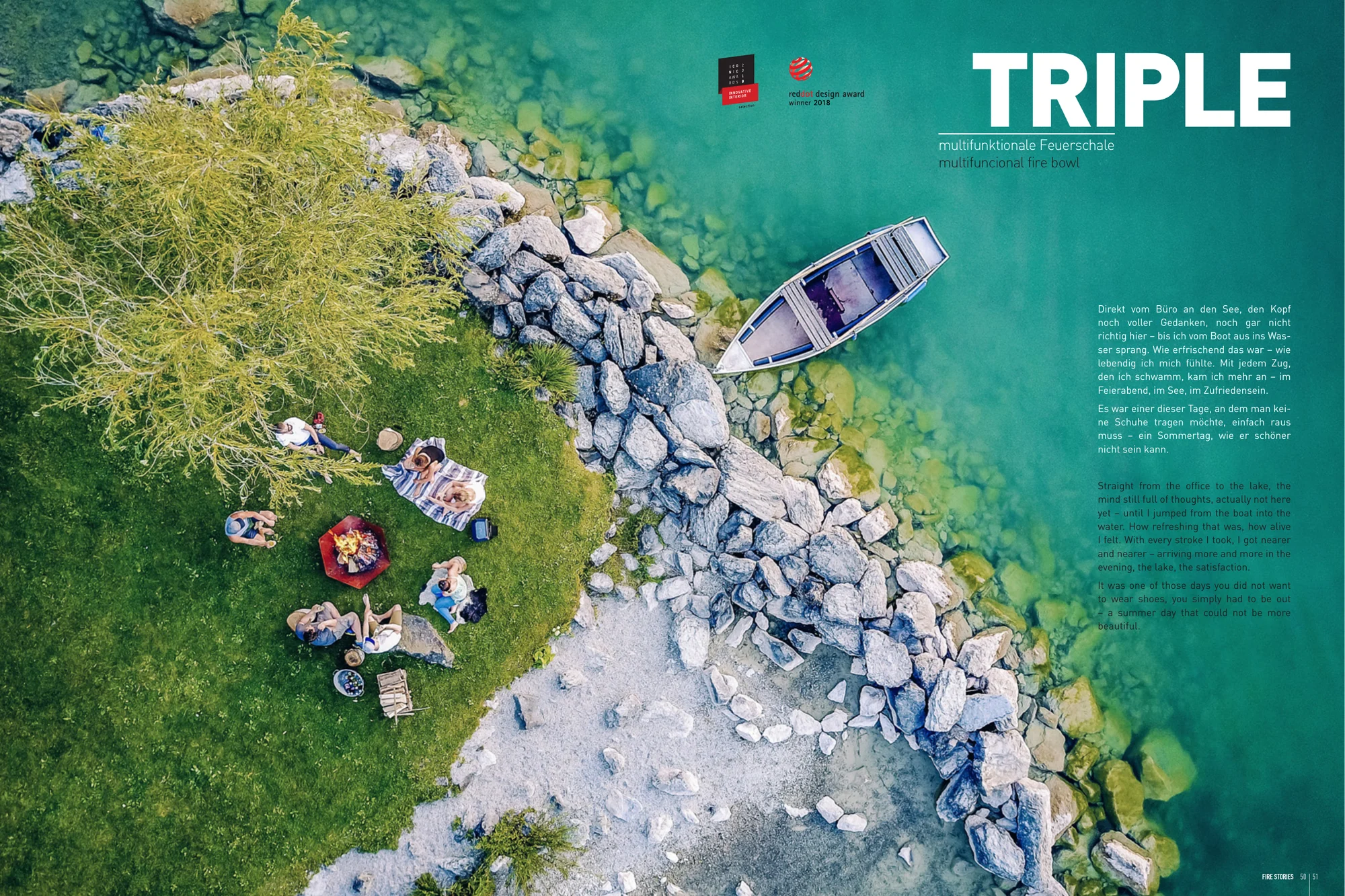 höfats Magazin: TRIPLE-Doppelseite mit Luftaufnahme von Picknick, Feuerschale und Ruderboot am Alpsee