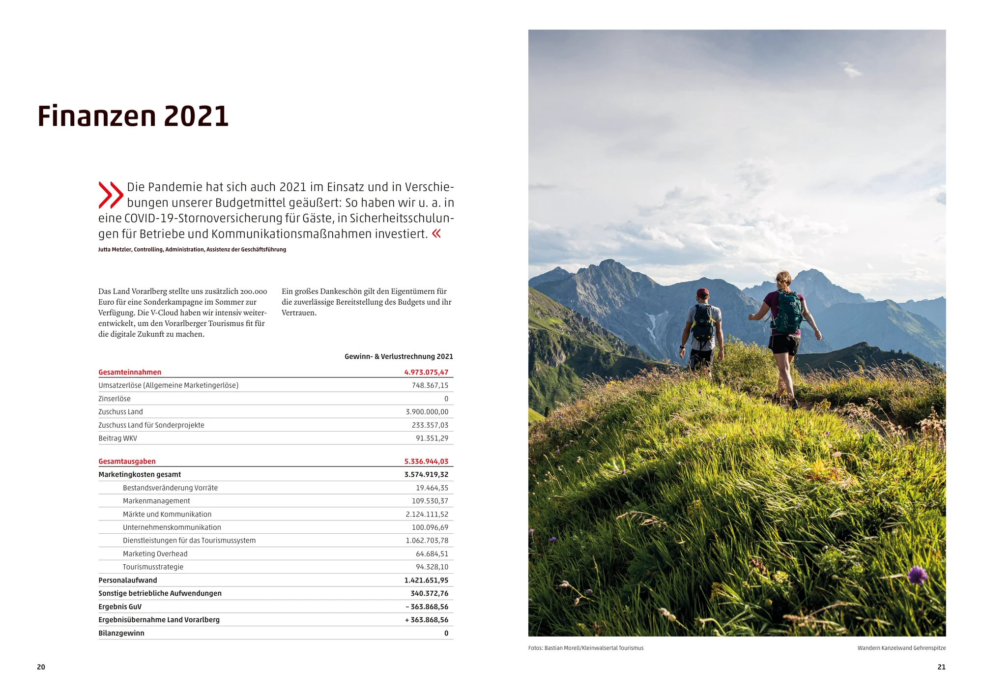 Vorarlberg Tourismus: Geschäftsbericht-Doppelseite mit Finanzübersicht und Wanderern im Kleinwalsertal