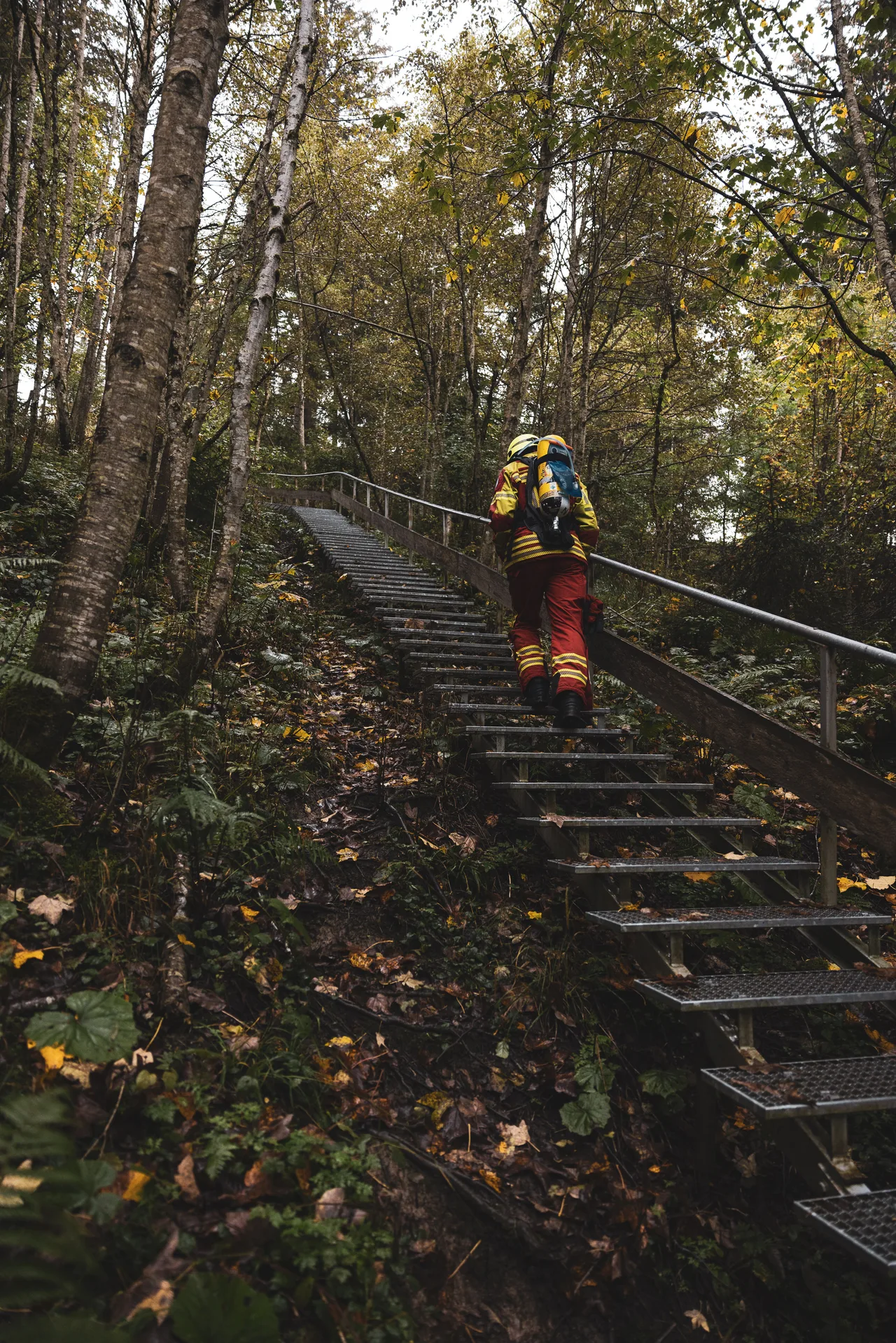 Teilnehmer in roter Schutzkleidung steigt mit gelber Atemluftflasche eine lange Waldtreppe hinauf.