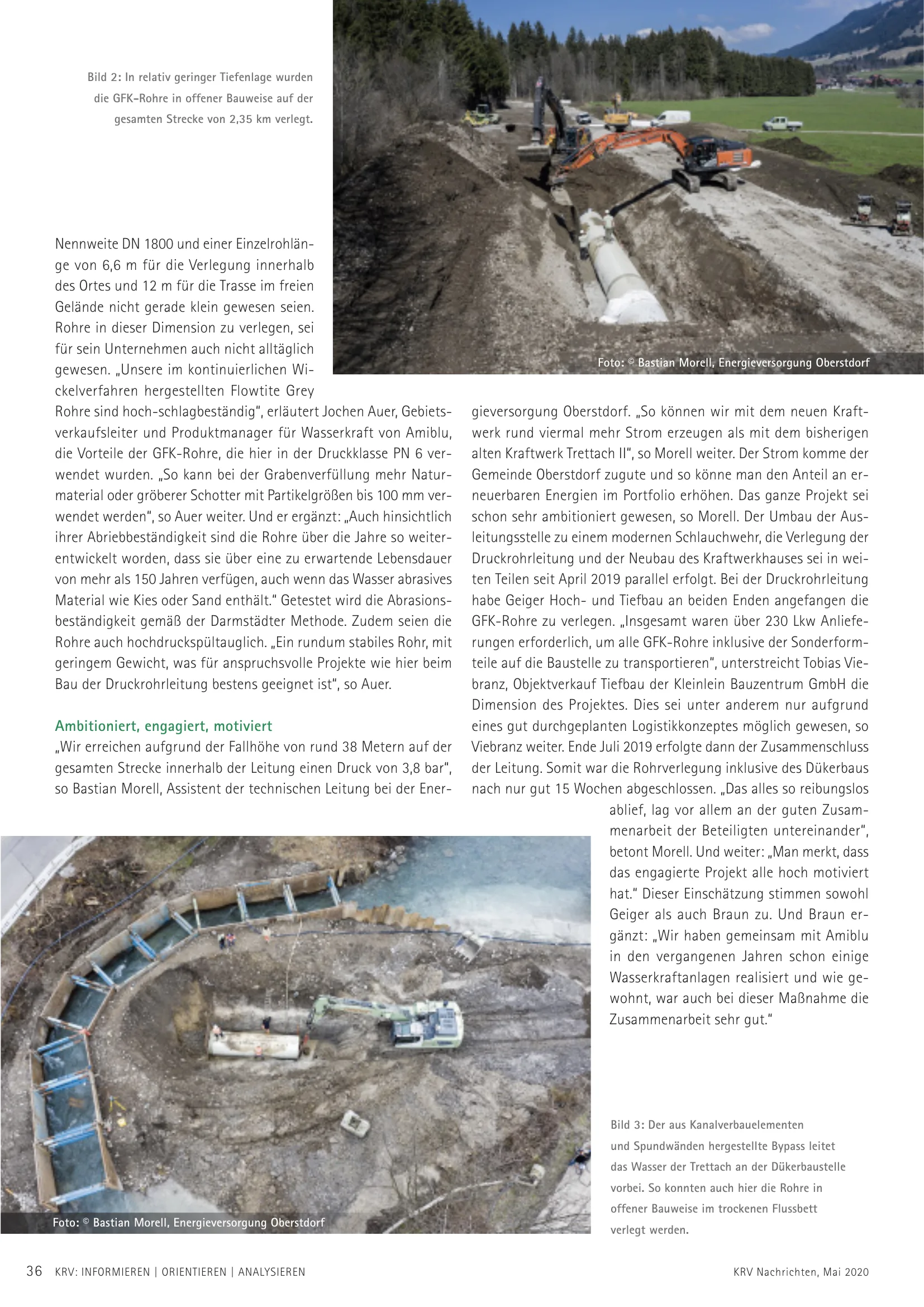 KRV Nachrichten: Magazinseite mit Rohrverlegung und Baustelle an der Trettach für das Kraftwerk Illerursprung