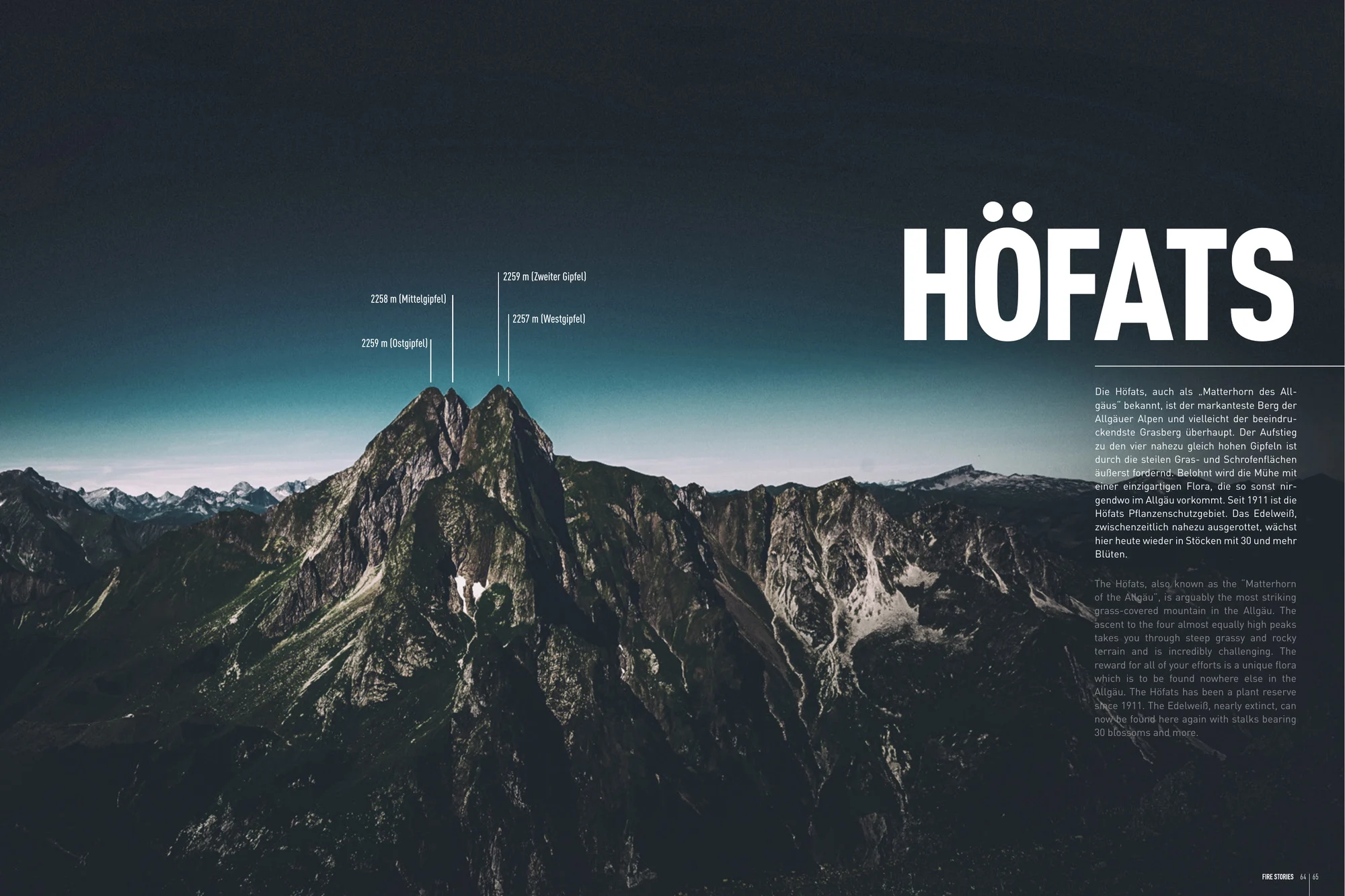 höfats Magazin: Doppelseite mit der Höfats unter dunklem Himmel, Gipfelbeschriftungen und Bergporträt