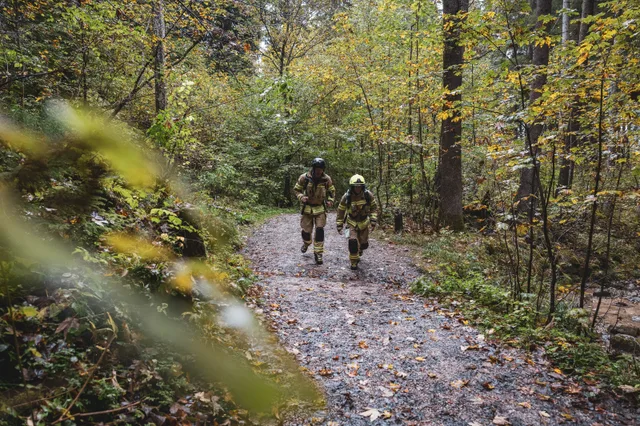 Zwei Teilnehmer in beiger Einsatzkleidung auf einem Waldweg.