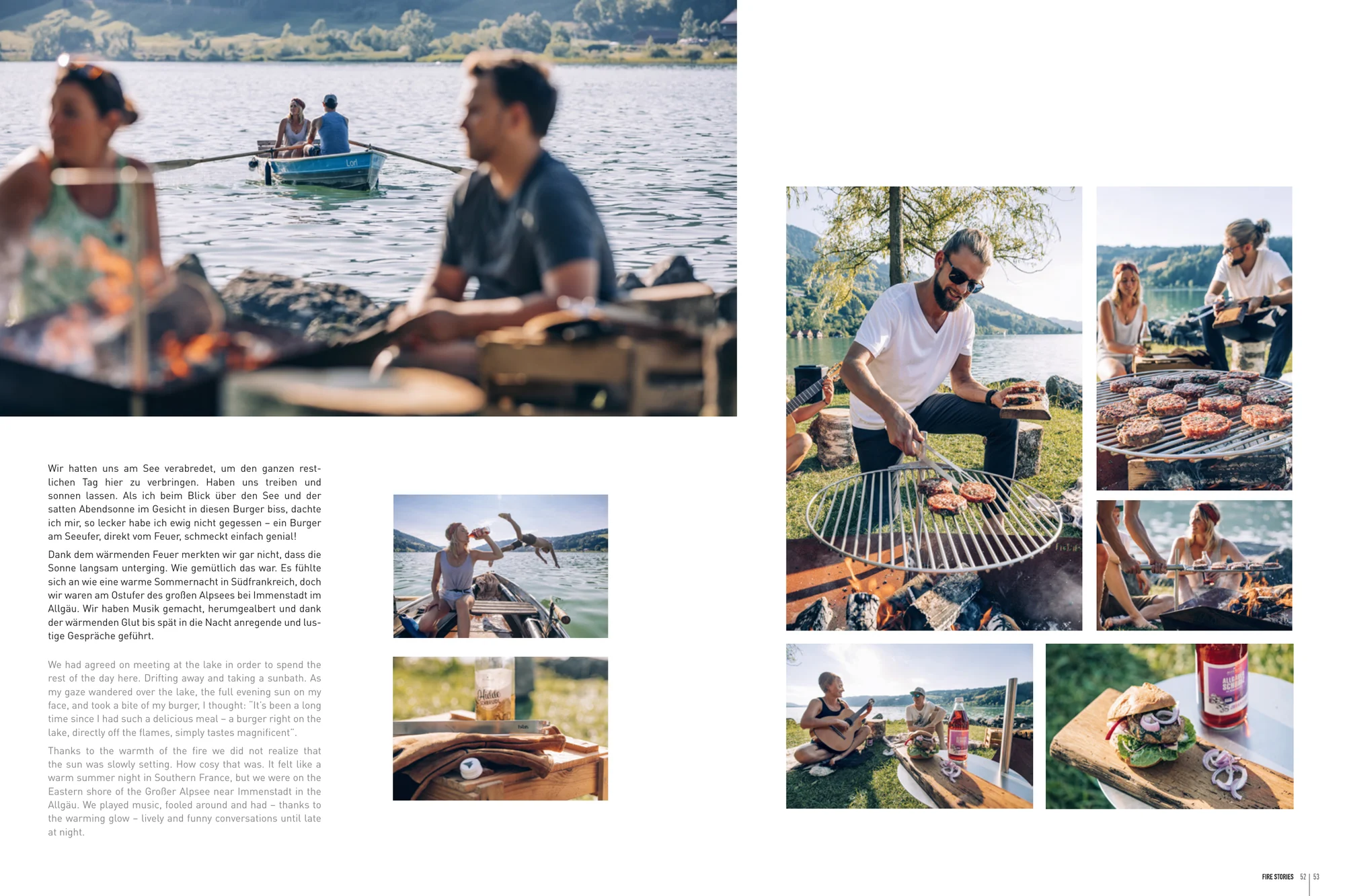 höfats Magazin: Doppelseite mit Ruderboot, Grillen und gemeinsamen Momenten am Ufer des Alpsees